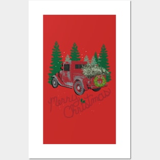 Christmas Red Truck Vintage Merry Christmas Gifts Posters and Art